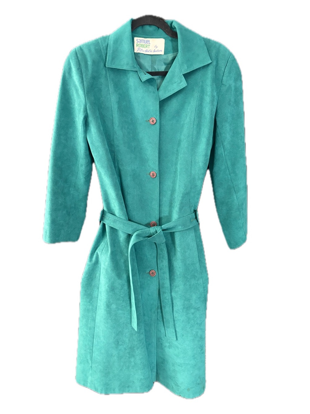 Vintage Samuel Robert Teal Faux Suede Belted Trench Coat